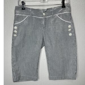 Pixxi Gray & White Striped Bermuda Shorts White Trim & Button Detail M